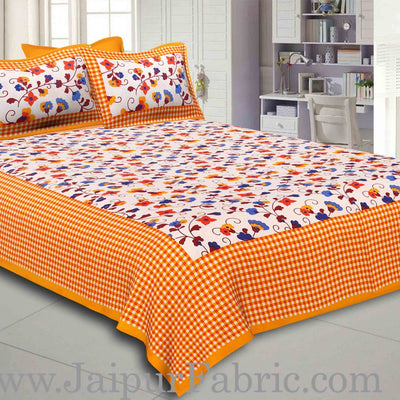 Yellow Border jaipuri design floral print Cotton Double Bedsheet with Pillow Cover