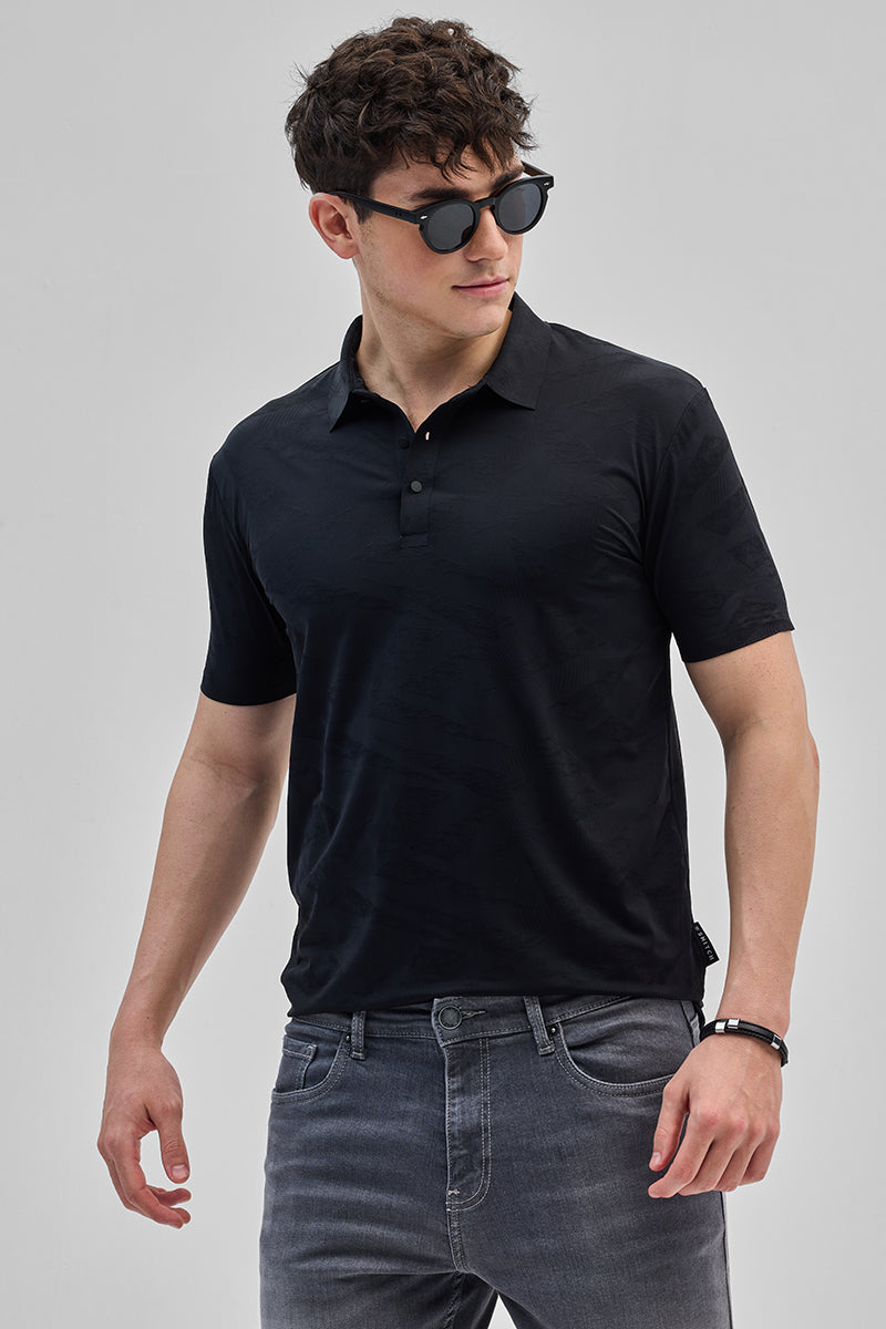 Black Textured Stitchless Polo T-Shirt