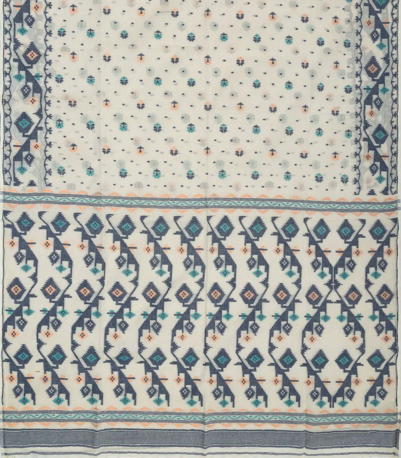 Off White Bengal Cotton Saree With Floral Motifs