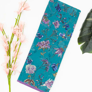 Cyan Woven Digital Printed Chiffon Silk Saree With Floral Motifs