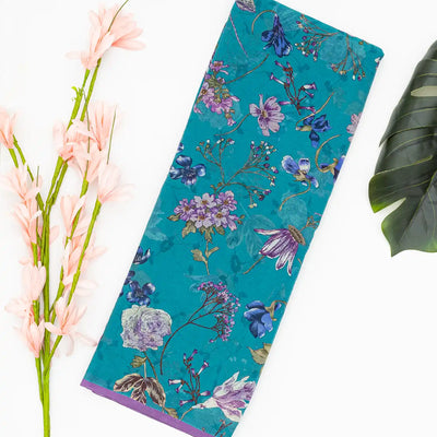 Cyan Woven Digital Printed Chiffon Silk Saree With Floral Motifs