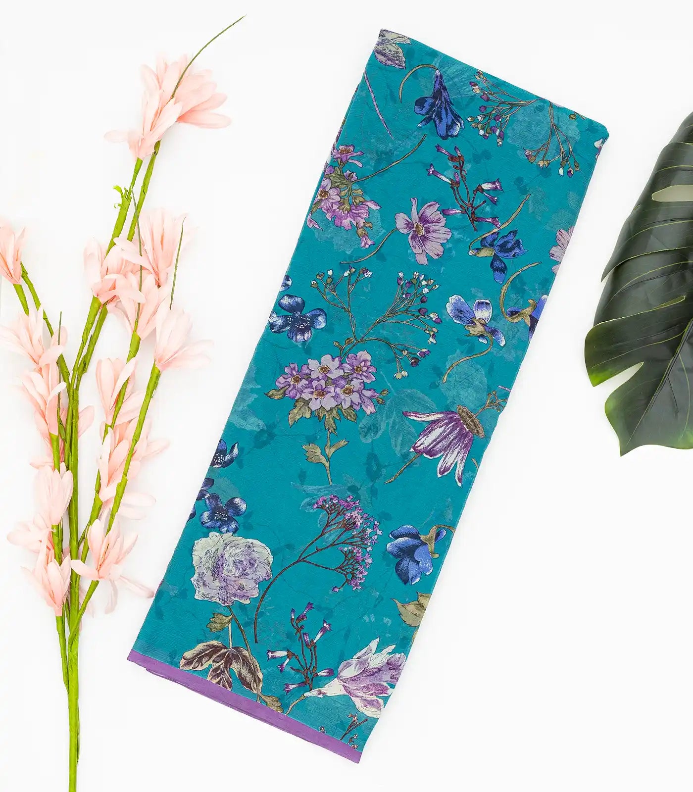 Cyan Woven Digital Printed Chiffon Silk Saree With Floral Motifs