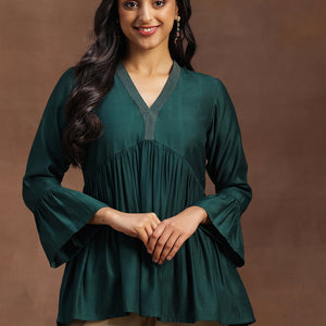 Green Woven Design Silk Blend A-line Kurti