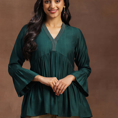 Green Woven Design Silk Blend A-line Kurti