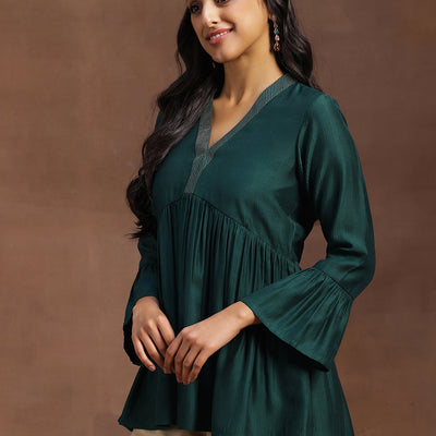 Green Woven Design Silk Blend A-line Kurti