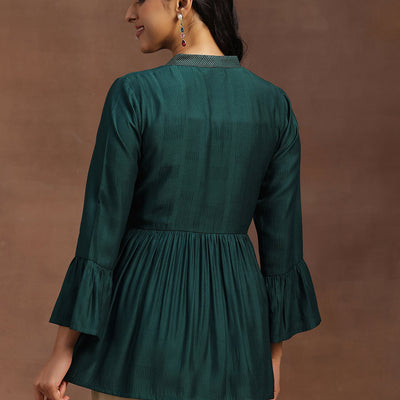Green Woven Design Silk Blend A-line Kurti