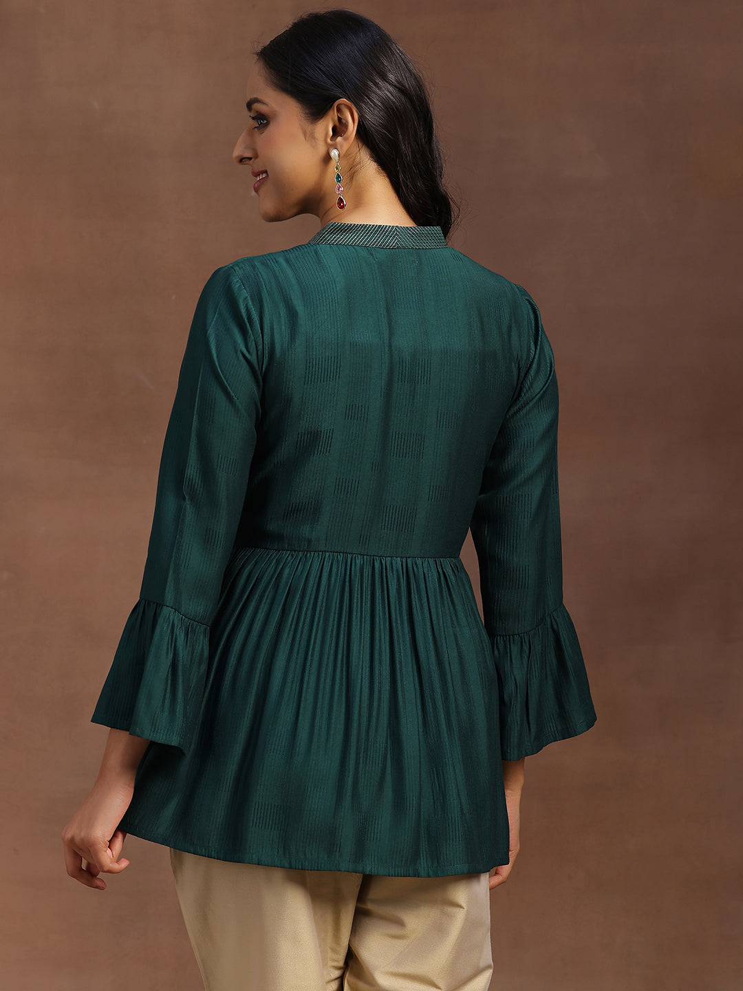Green Woven Design Silk Blend A-line Kurti