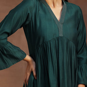 Green Woven Design Silk Blend A-line Kurti