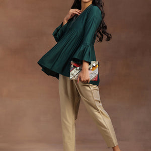 Green Woven Design Silk Blend A-line Kurti