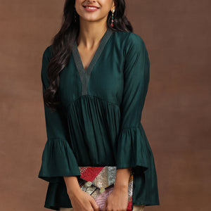 Green Woven Design Silk Blend A-line Kurti