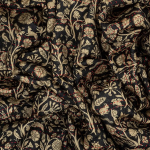 Black Handloom Tussar Silk Saree Printed With Floral Vine Motifs