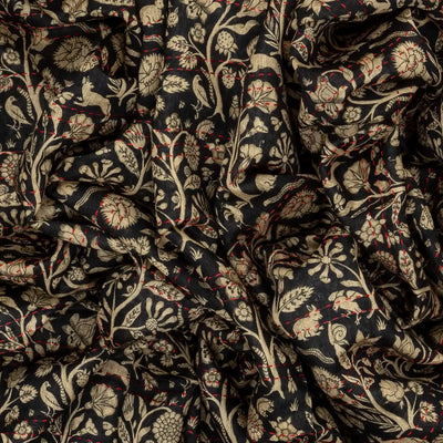 Black Handloom Tussar Silk Saree Printed With Floral Vine Motifs