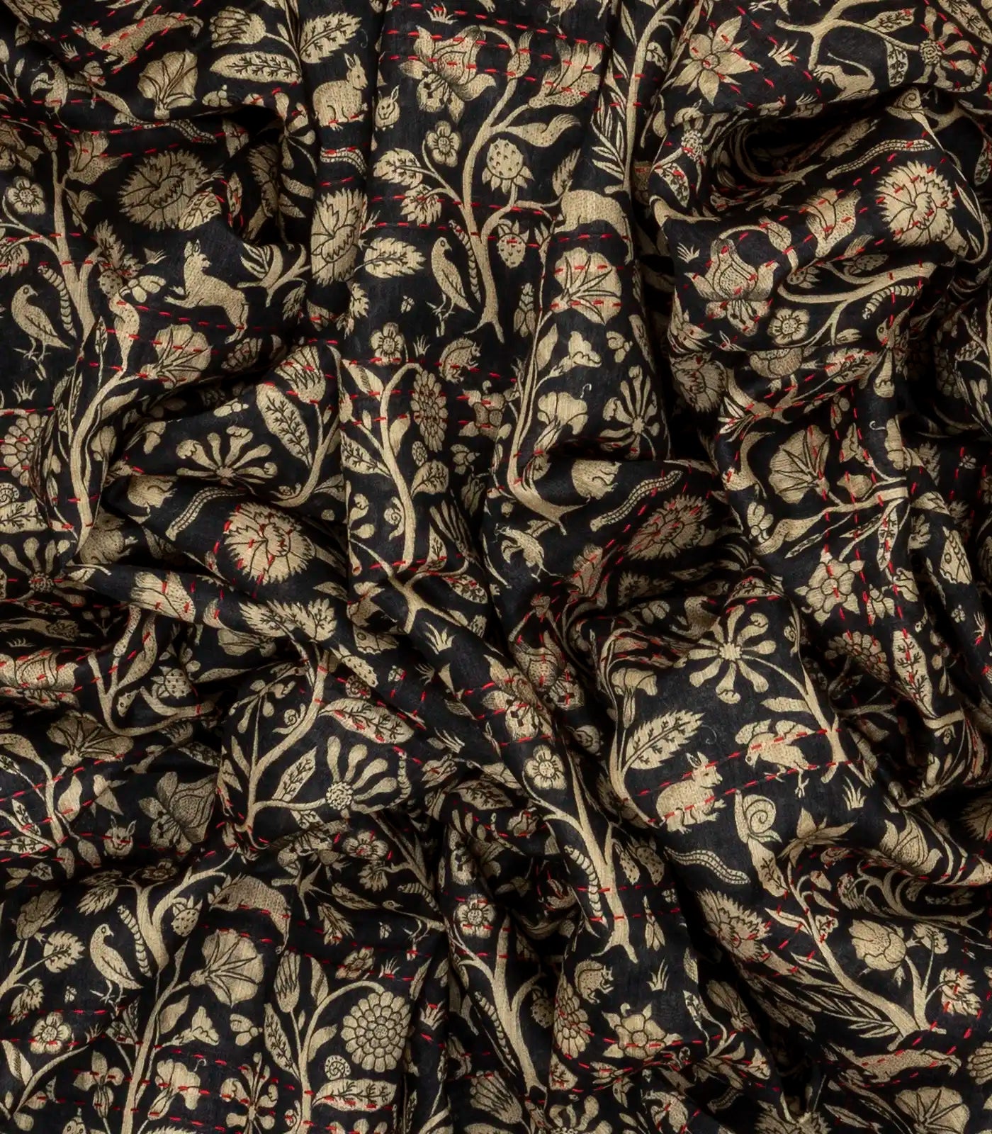 Black Handloom Tussar Silk Saree Printed With Floral Vine Motifs