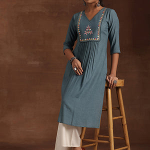 Blue Yoke Design Cotton Straight Kurta