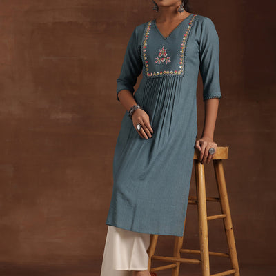 Blue Yoke Design Cotton Straight Kurta