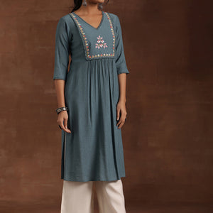 Blue Yoke Design Cotton Straight Kurta