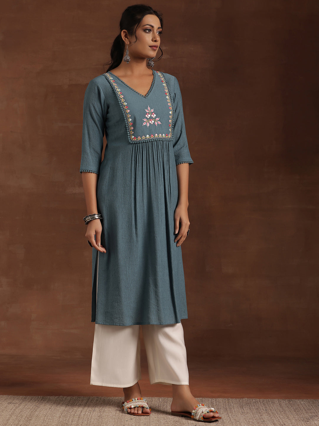 Blue Yoke Design Cotton Straight Kurta