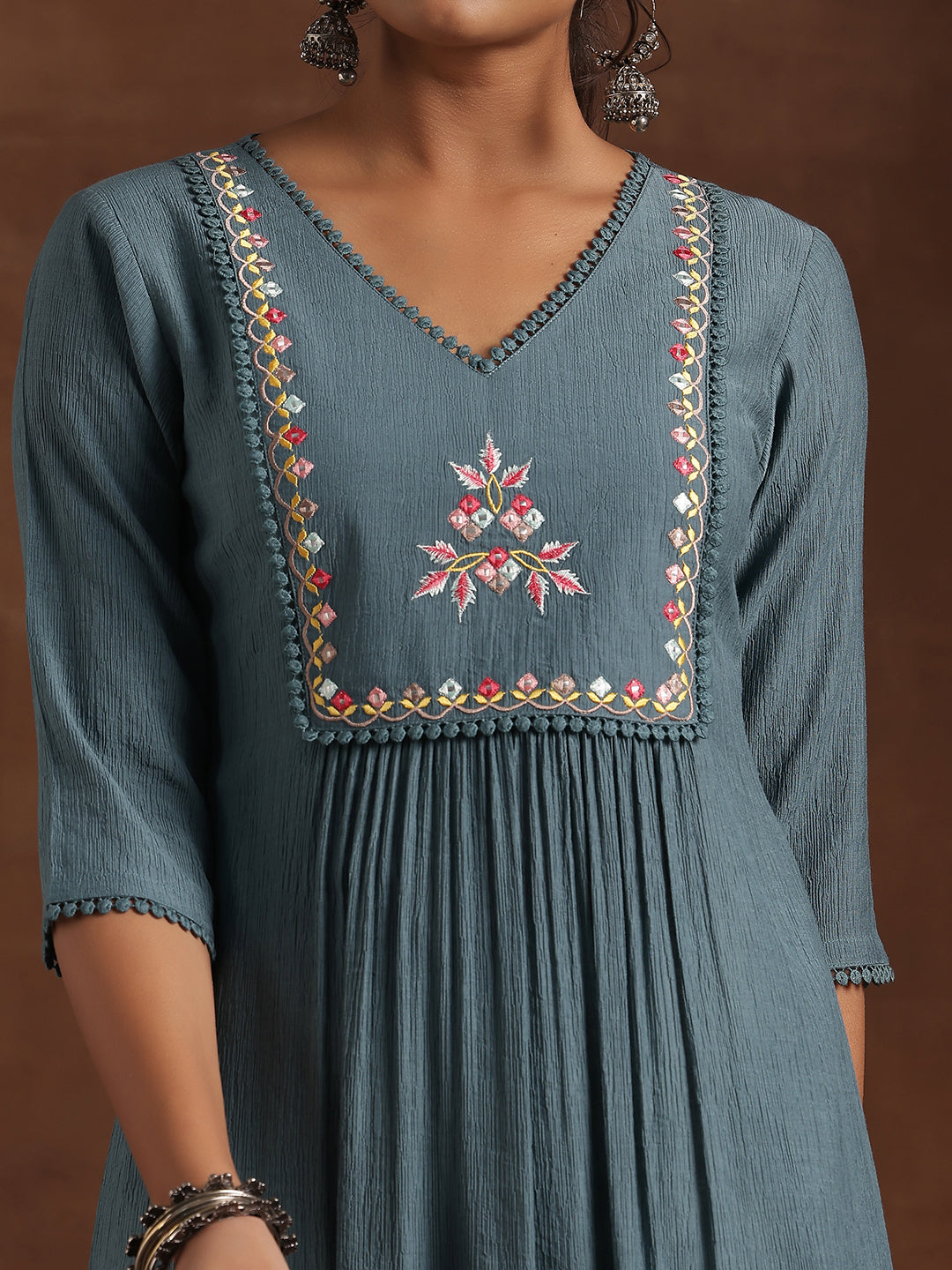 Blue Yoke Design Cotton Straight Kurta