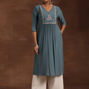 Blue Yoke Design Cotton Straight Kurta