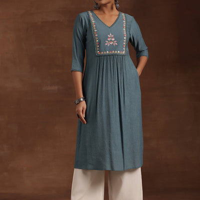 Blue Yoke Design Cotton Straight Kurta