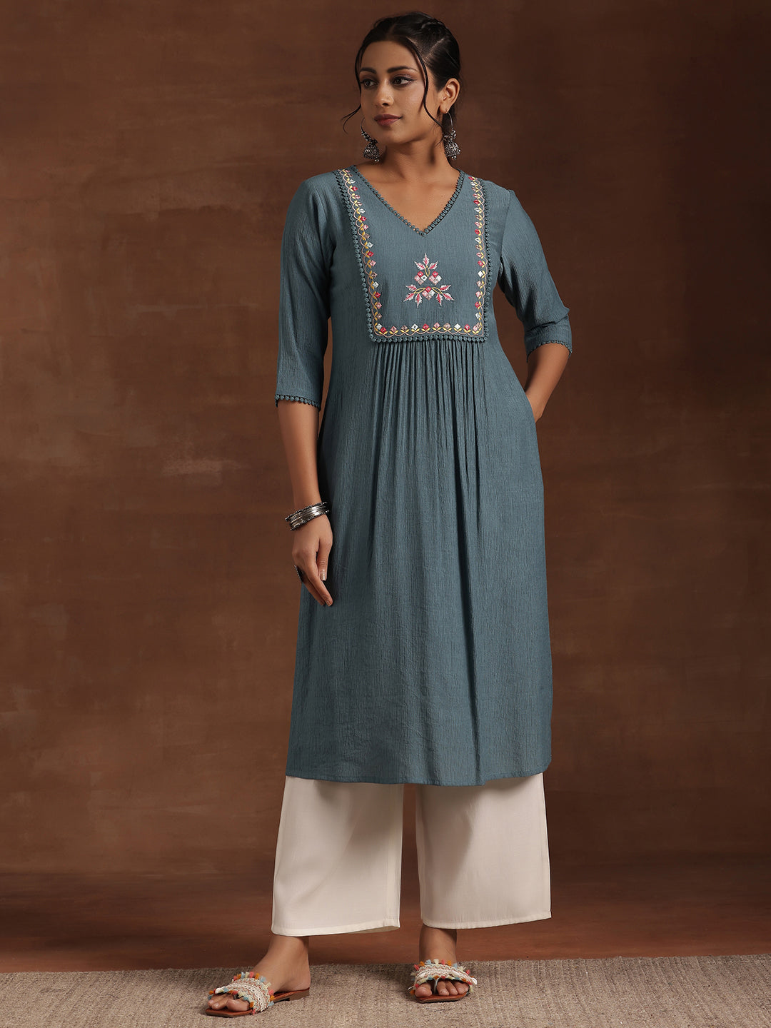 Blue Yoke Design Cotton Straight Kurta