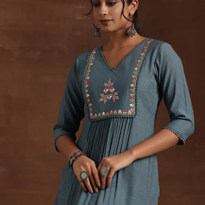 Blue Yoke Design Cotton Straight Kurta
