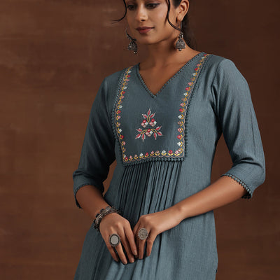 Blue Yoke Design Cotton Straight Kurta