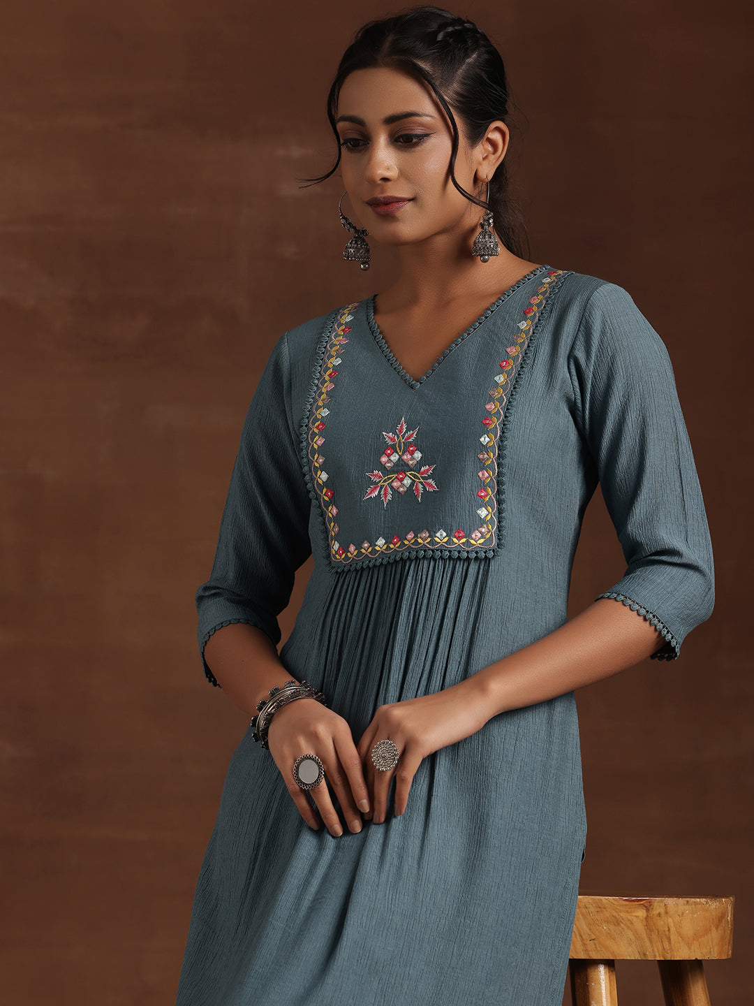 Blue Yoke Design Cotton Straight Kurta