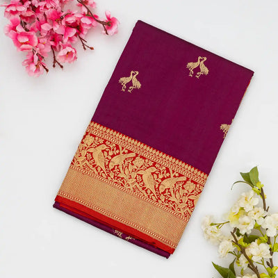 Magenta Handloom Banarasi Silk Saree With Bird Buttas