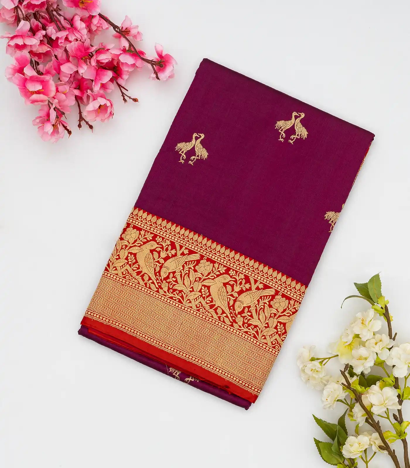 Magenta Handloom Banarasi Silk Saree With Bird Buttas