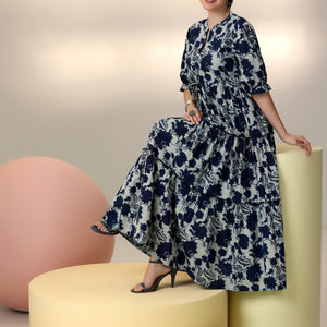 Indigo Printed Cotton Fit and Flare Dress