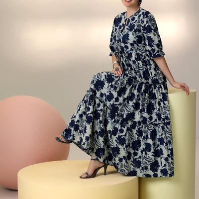 Indigo Printed Cotton Fit and Flare Dress