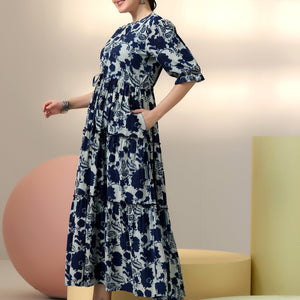 Indigo Printed Cotton Fit and Flare Dress