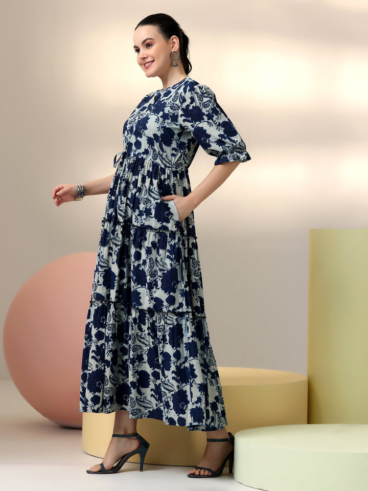 Indigo Printed Cotton Fit and Flare Dress