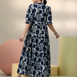 Indigo Printed Cotton Fit and Flare Dress