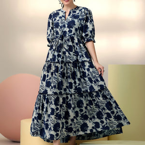 Indigo Printed Cotton Fit and Flare Dress