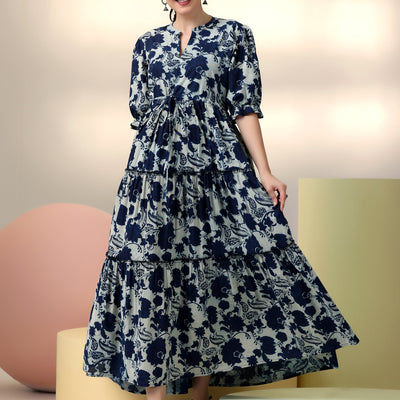 Indigo Printed Cotton Fit and Flare Dress