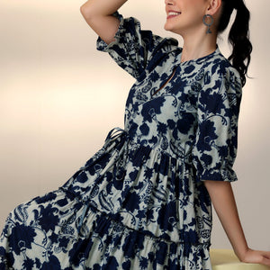 Indigo Printed Cotton Fit and Flare Dress