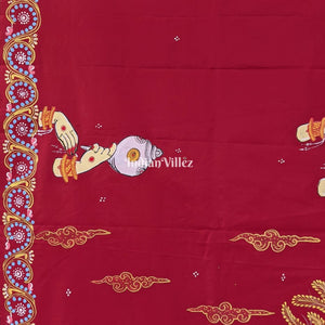 Reddish Maroon Arjuna Bows to Navagunjara Hand-Painted Pattachitra Saree