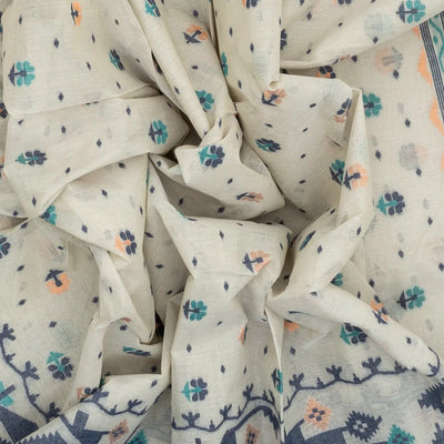 Off White Bengal Cotton Saree With Floral Motifs