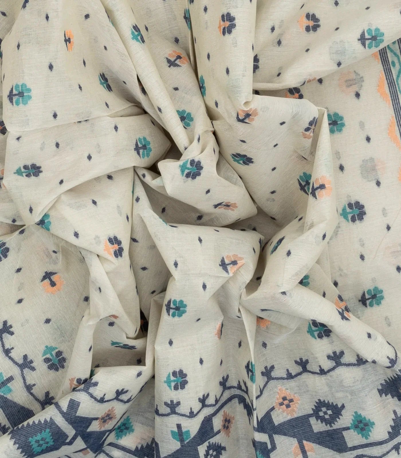 Off White Bengal Cotton Saree With Floral Motifs