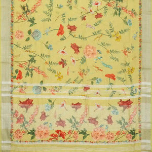 Pista Green Handloom Linen Saree With Printed Floral Motifs