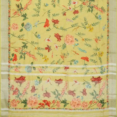 Pista Green Handloom Linen Saree With Printed Floral Motifs
