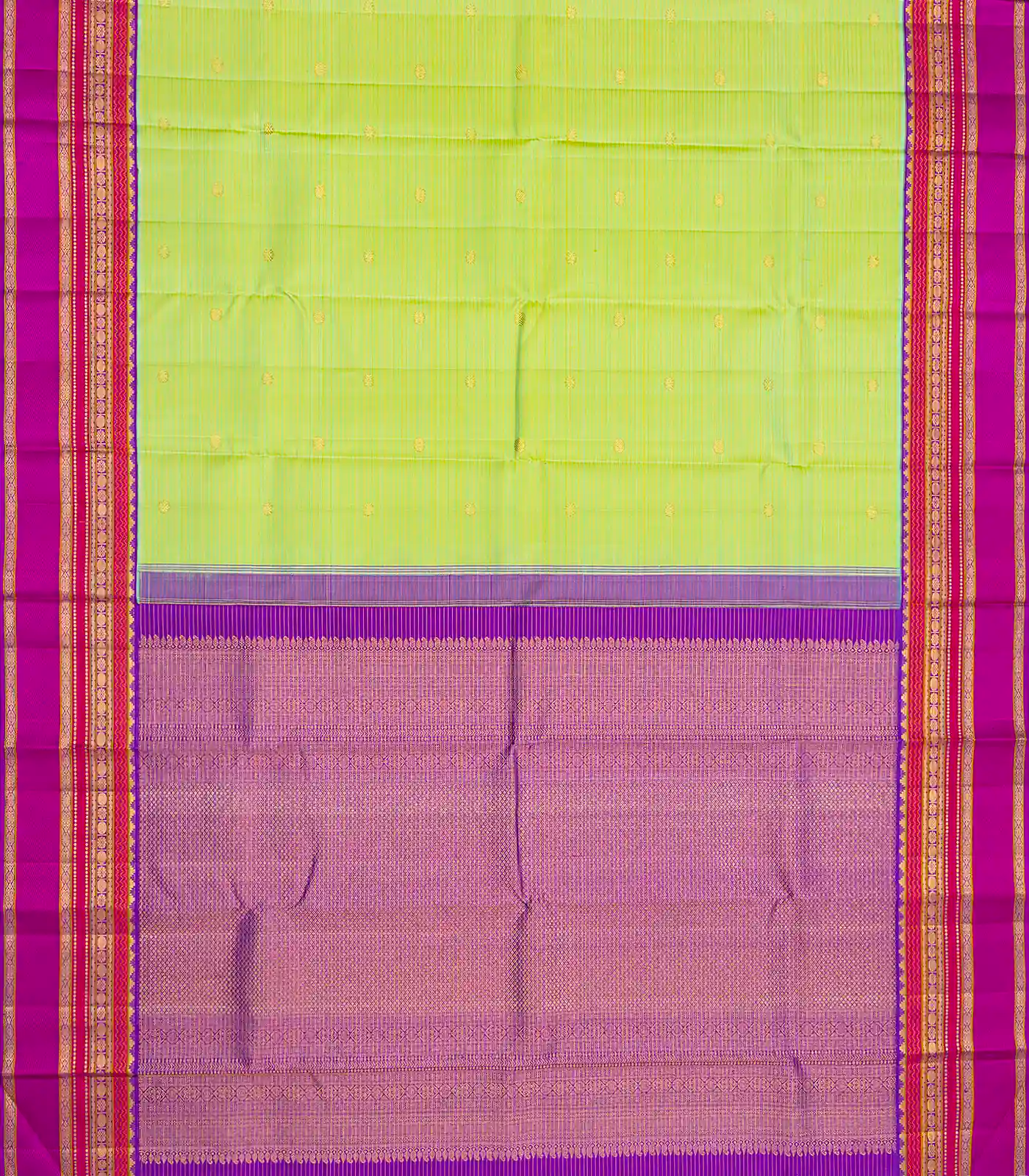 Cardamom Green Handloom Kanchipuram Korvai Silk Saree With Zari Stripes & Buttas