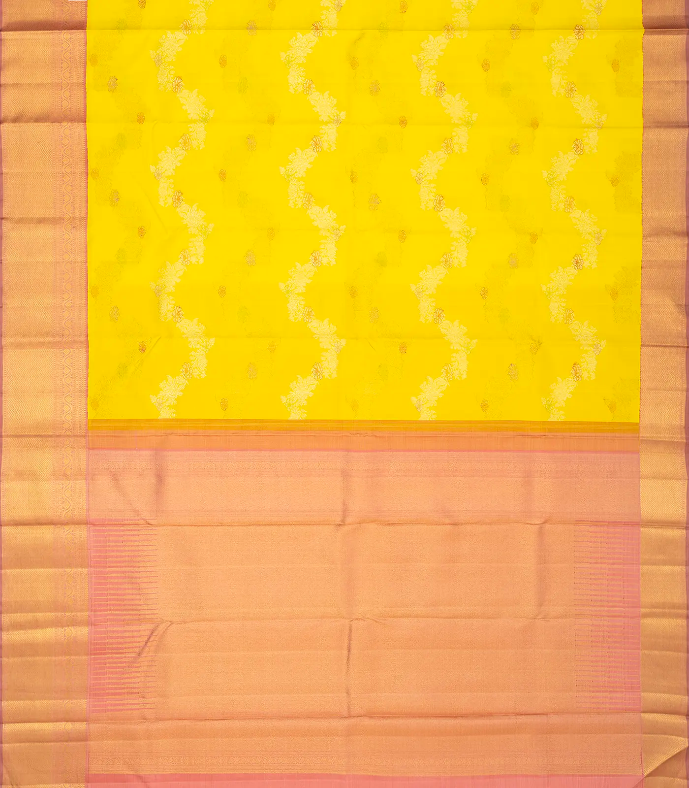 Yellow Handloom Kanchipuram Korvai Silk Saree With Meena Floral Motifs