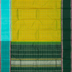Olive Green Handloom Korvai Kanchipuram Silk Saree With Meena Checks