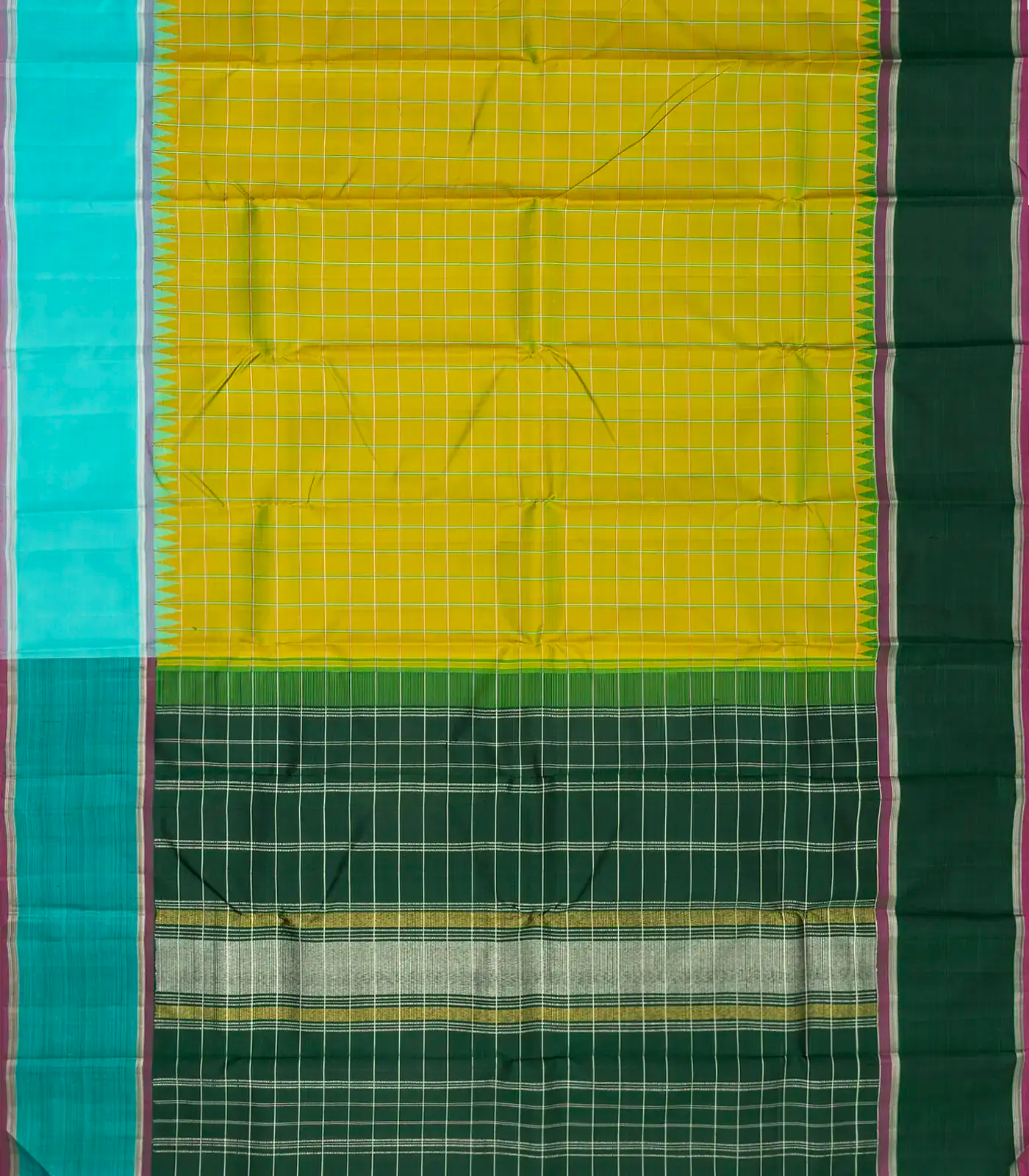 Olive Green Handloom Korvai Kanchipuram Silk Saree With Meena Checks