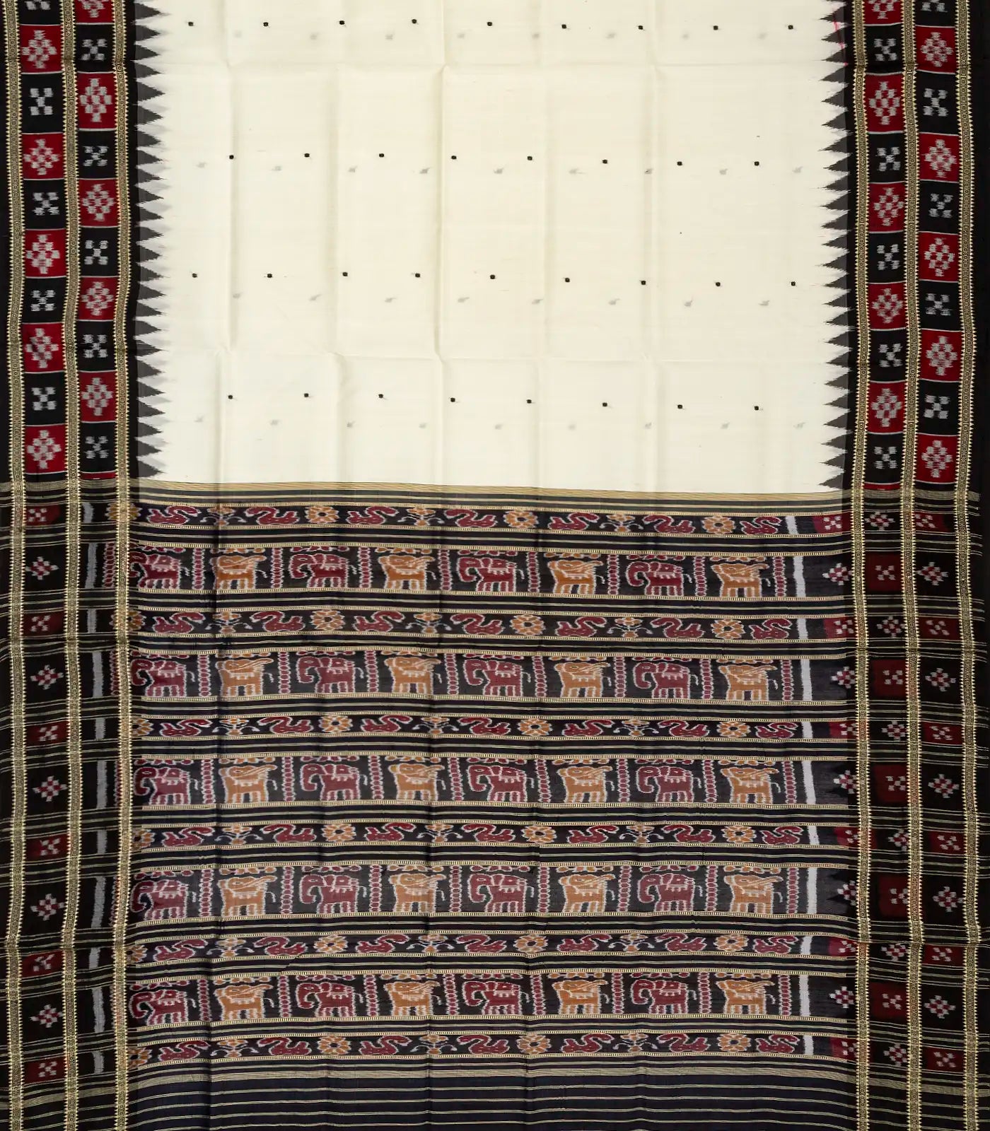 White Handloom Orissa Silk Saree With Button Buttas