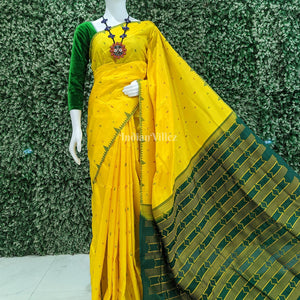 Yellow Sambalpuri Ikat Tussar Silk Saree