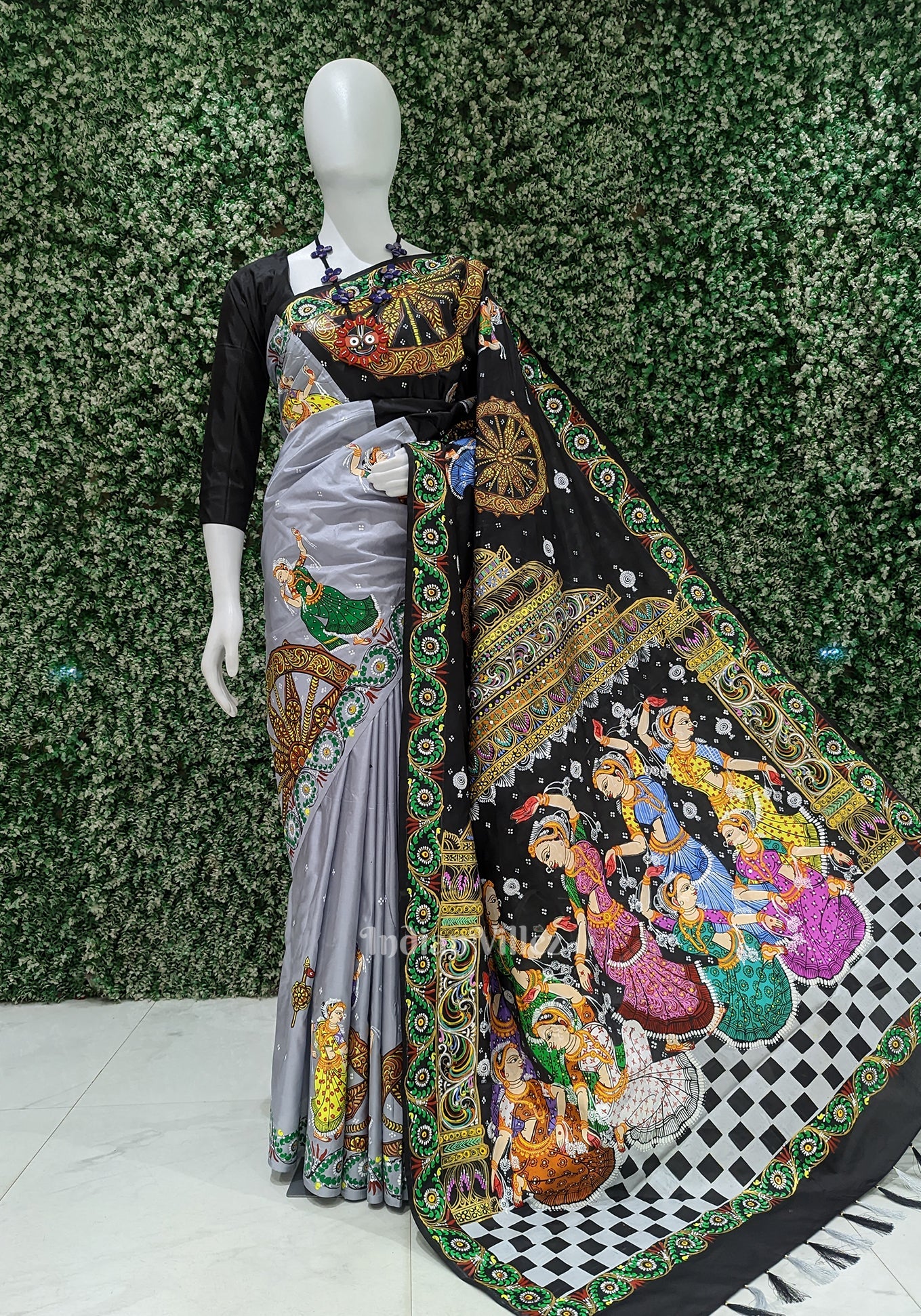 Black Nartaki Konark Temple Hand-Painted Pattachitra Saree